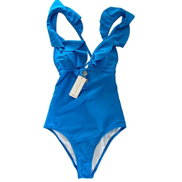 Cupshe Other - Cupshe Blue Ruffle Tie Back Plunging Neck Strappy One Piece Swimsuit XS NEW NWT